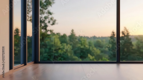 Hyperreal 3D villa in forest setting, smart glass walls, open concept design, modern retreat building, digital render
