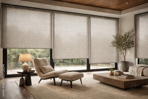 Spacious contemporary room with textured motorized solar shades and a chair on carpet