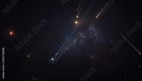 Apocalyptic space with dazzling meteor rain and comets blazing across the sky