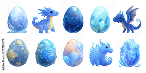 Collection d'œufs de dragon bleus enchantés et bébés dragons avec éléments de cristal et glace