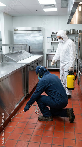 Exterminator man spraying chemicals under kitchen cabinet with supervisor watching. Professional pest control team working in restaurant. Sanitation and industrial hygiene safety service.