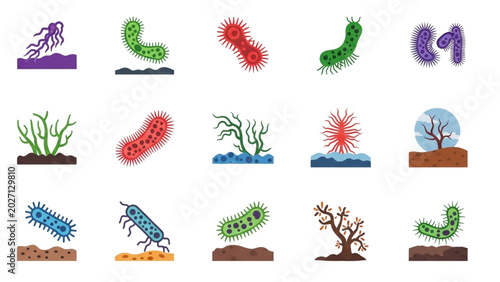 Microbe Habitats Vector Icon Sheet with Colorful Microorganisms in Soil Water Human Body Environments Biology Science Graphics Isolated Flat Icons Set