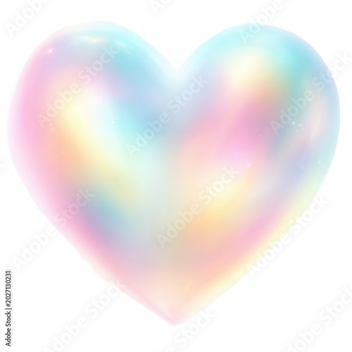 Symbole de cœur iridescent féerique avec dégradé pastel et reflets scintillants sur fond transparent