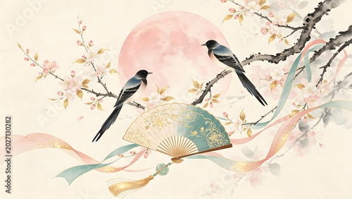 Peach Blossom Branch Dual Magpies Crafted with Flower and Bird Paintings