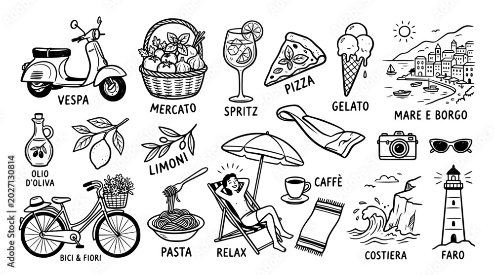 Fototapeta premium Set of handdrawn italian vacation icons