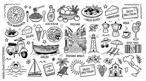 Hand drawn italian travel elements set