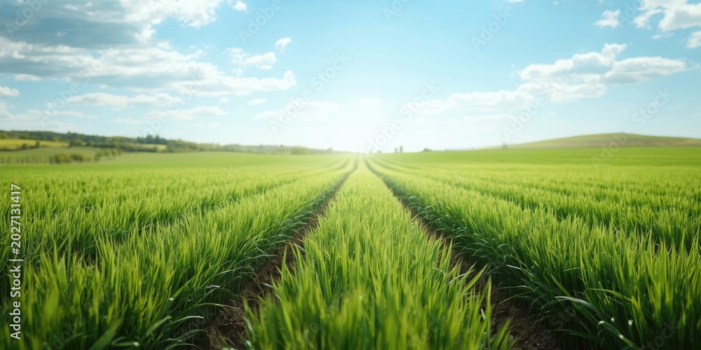 Fototapeta premium Agricultural landscape showing immature cereal shoots under a bright sky