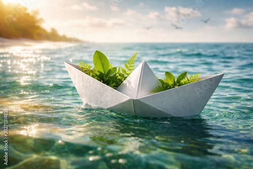 Paper boat symbolizing sustainable sea transportation with fresh foliage and copy space