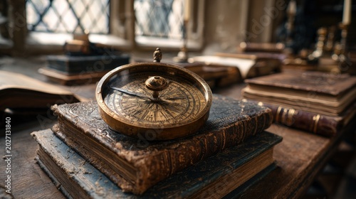 Antique compass atop old books
