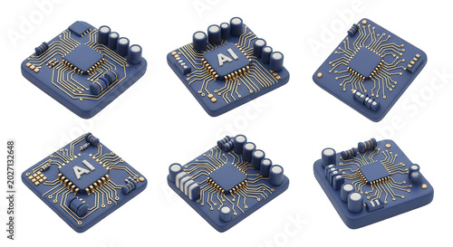 six ai integrated circuit chips arranged on a white background technology and innovation for computing applications