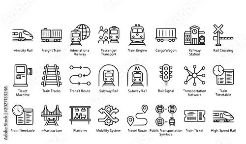 Photos Railway Transit Outline Icon Collection with Freight Intercity and Passenger Tra