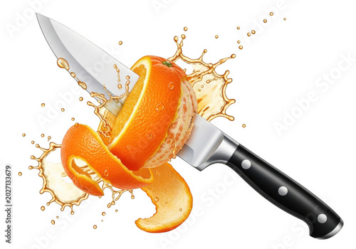 Knife cutting through orange peel with juice splashing isolated on transparent background