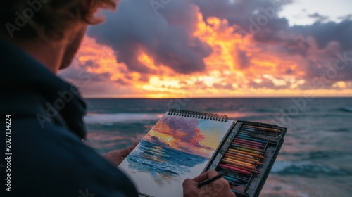 Artist painting ocean sunset seascape