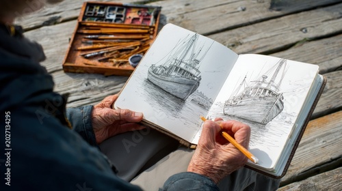 Artist sketching boats on wooden dock