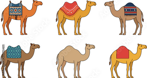 Bild auf Leinwand Camel Vector Icon Set with Decorative Saddle Cloths, Desert Caravan Animals, and