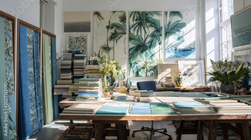 Artist studio with fabric samples and artwork