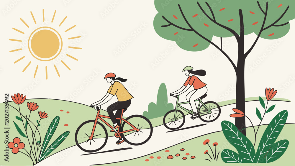 Obraz premium Relaxing summer bicycle ride vector illustration showing healthy outdoor lifestyle