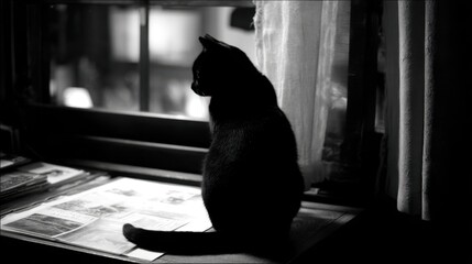 Solitary black cat sitting by window, observing the night with quiet contemplation