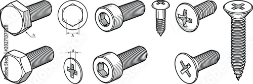 Photos Industrial bolts and Phillips screws technical vector illustration set with deta