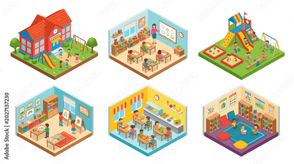 Naklejka premium Kindergarten School and Preschool Education Isometric Vector Illustration Set