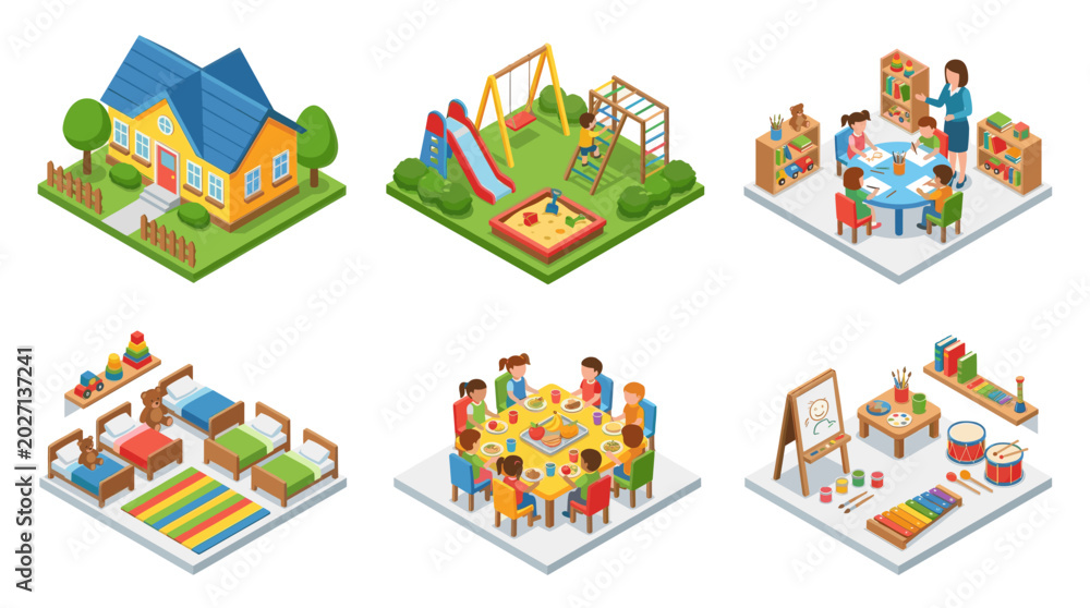 Fototapeta premium Kindergarten School and Preschool Education Isometric Vector Illustration Set