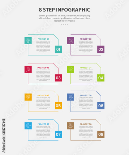 8 points template infographic outline style with 8 point stage or step template with open folder shape with square badge each edge for slide presentation