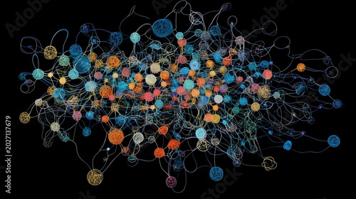 Abstract colorful nodes network web expanding dynamically in digital generative art style isolated on black background for global technology data science visualization template