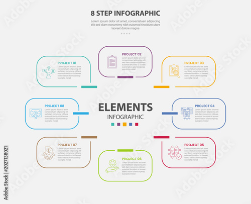 8 points template infographic outline style with 8 point stage or step template with round rectangle box on circular cycle with thick line badge for slide presentation