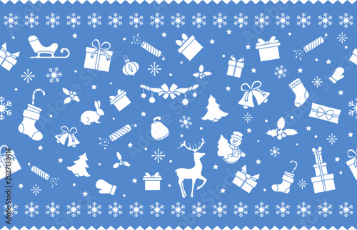 Christmas holiday pattern with white icons on blue background, including gifts and snowflakes