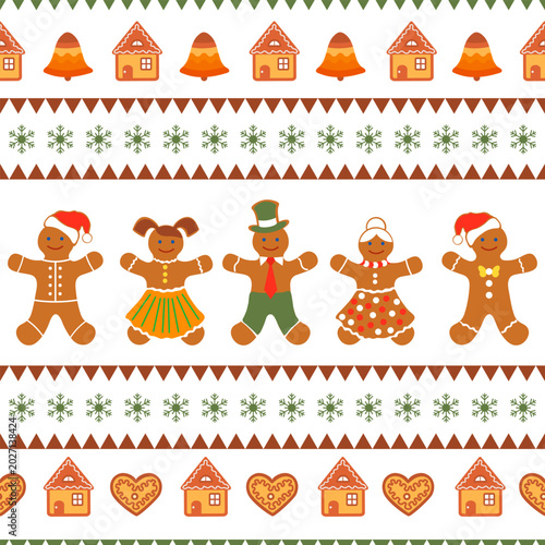 Christmas gingerbread cookies pattern with festive decorations, ideal for holiday backgrounds