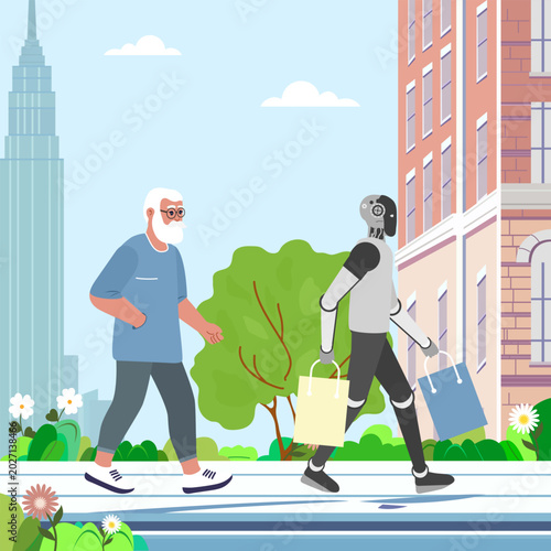 Elderly man and humanoid robot walking in city with shopping bags, urban landscape background
