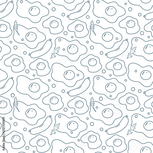 Seamless pattern with fried eggs, sausages, and leafy greens in simple line art style background