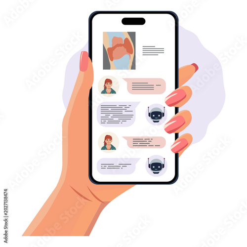 Female hand holding smartphone showing chat with digital assistant and user, concept of AI.