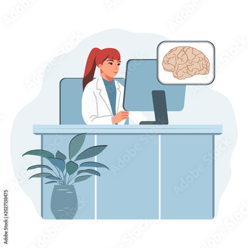 Woman doctor at desk analyzing brain image on computer