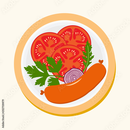 Plate with fresh tomato slices, sausage, onion, and parsley in colorful, appetizing composition