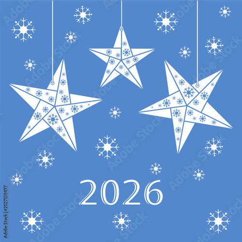 New Year stars and snowflakes on blue background with 2026 in decorative text