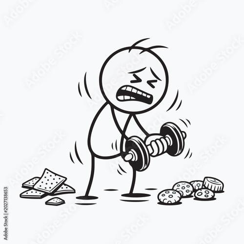 Funny Stick Figure Weightlifting Cartoon Vector Illustration