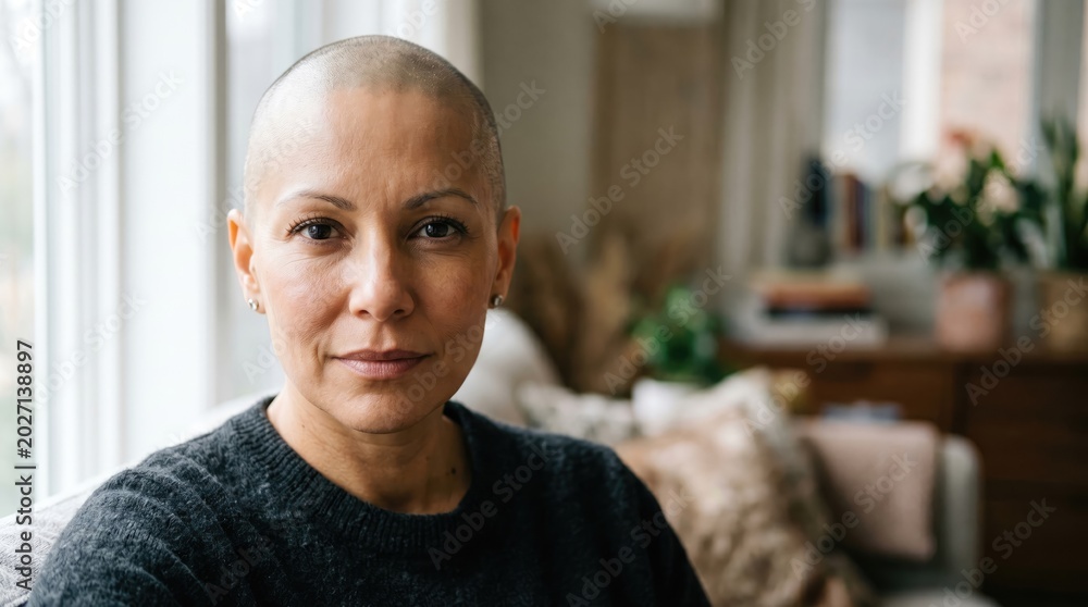 Fototapeta premium Bald woman with compassionate eyes looks forward, head and shoulders portrait