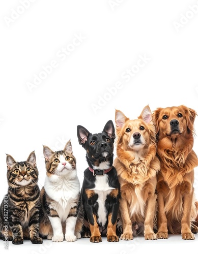 Five pets, including two cats and three dogs, sit together against a white backdrop. Each animal is facing forward