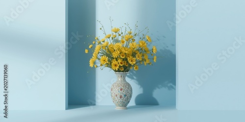 Artistic frame displaying yellow flower arrangement in vase with blue wall