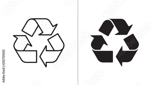 Simple black and white graphic design of the universal recycling symbol, depicting sustainable practices, environmental protection, and eco-friendly waste reduction for reuse and conservation