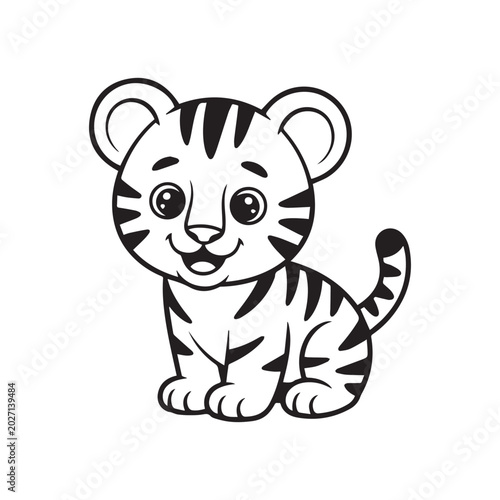 Cute Baby Tiger Cartoon Outline Vector Illustration