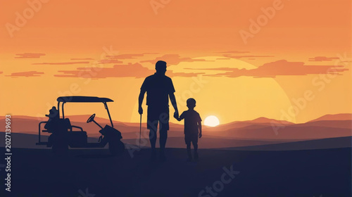 flat vector Silhouette of a father and son walking hand in hand after golf at sunset. Family bonding and peaceful outdoor moment with golf cart in background.