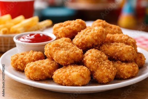 Portion of crunchy chicken nuggets on a white plate at a family friendly fast food spot
