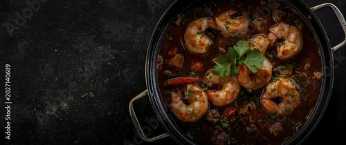 Panel kuchenny z motywem Black pot with close up of shrimp gumbo stew featuring rich ingredients and copy space on black background