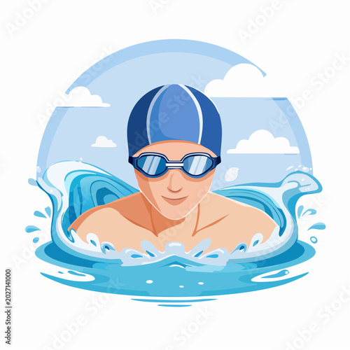 Swimmer's Journey: A person in a swimming cap and goggles glides through water, with splashes and waves creating a dynamic sense of movement and refreshing coolness.