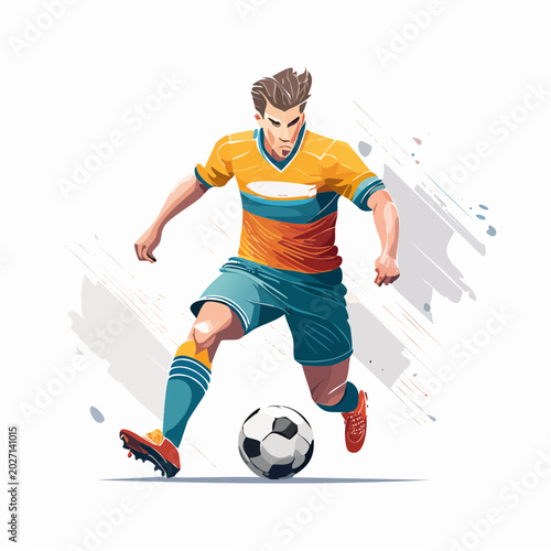 Soccer Player in Action: A dynamic soccer player in vibrant attire skillfully dribbles a ball, poised for a powerful strike in an energetic display of athleticism.