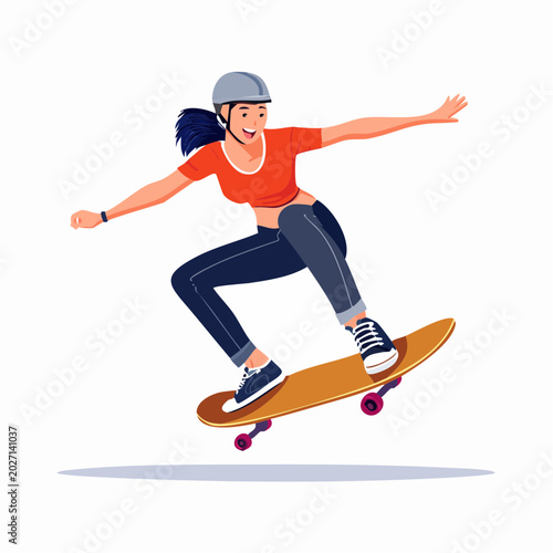 Skateboarding Freestyle Fun: An energetic young woman performs a dynamic skateboarding trick, her body in full motion as she glides on her board, a symbol of freedom and active lifestyle