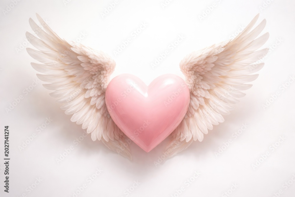 Fototapeta premium pastel pink heart with elegant angel wings displayed on a simple white backdrop