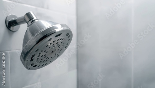 Obraz na płótnie Close detail of a stainless steel showerhead with gently blurred white and gray